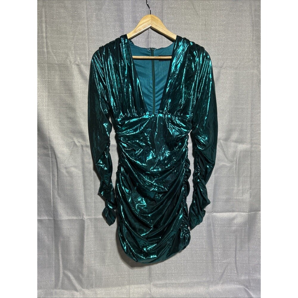 Akira Simone Metallic‎ Mini Dress SZ Large Curvey Stretchy Shimmer V Neck Green